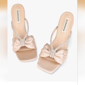 Zzheels Rhinestone Bow Heels Square Toe Slip on Mules